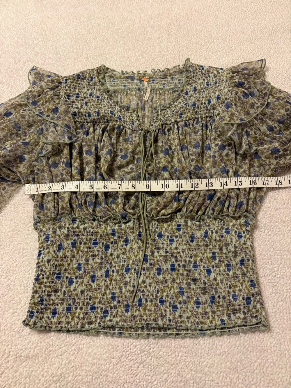 Free People Beatrice Floral Smocked Peasant Corset Blouse Top Green Puff Sleeve